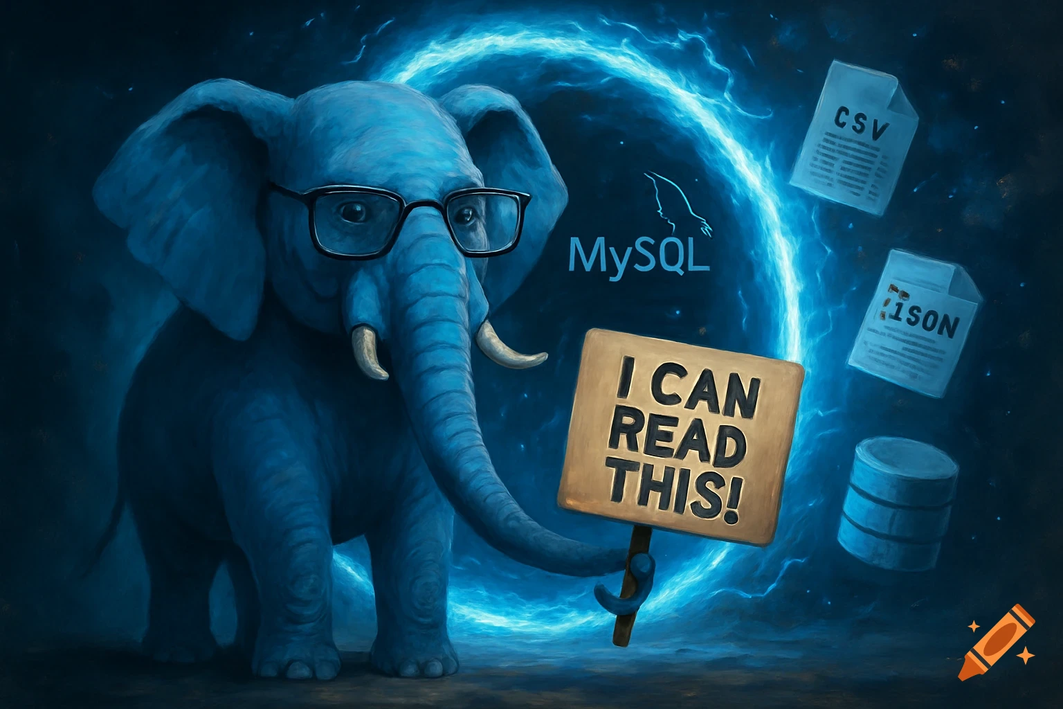 A blue elephant with glasses holds an 'I CAN READ THIS!' sign, surrounded by a glowing blue portal and database/data file icons, in a digital art style.