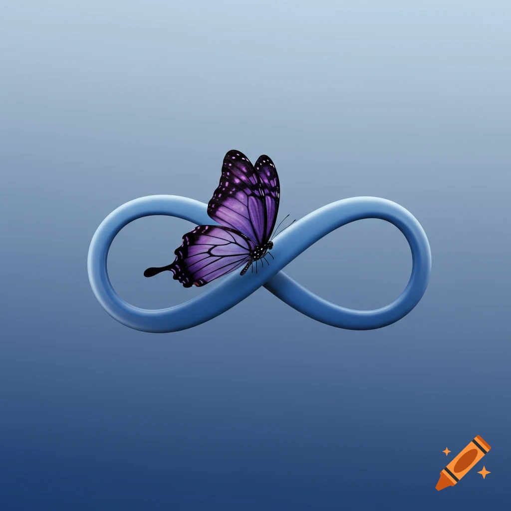 A purple butterfly rests on a shiny blue infinity symbol against a smooth blue gradient background.