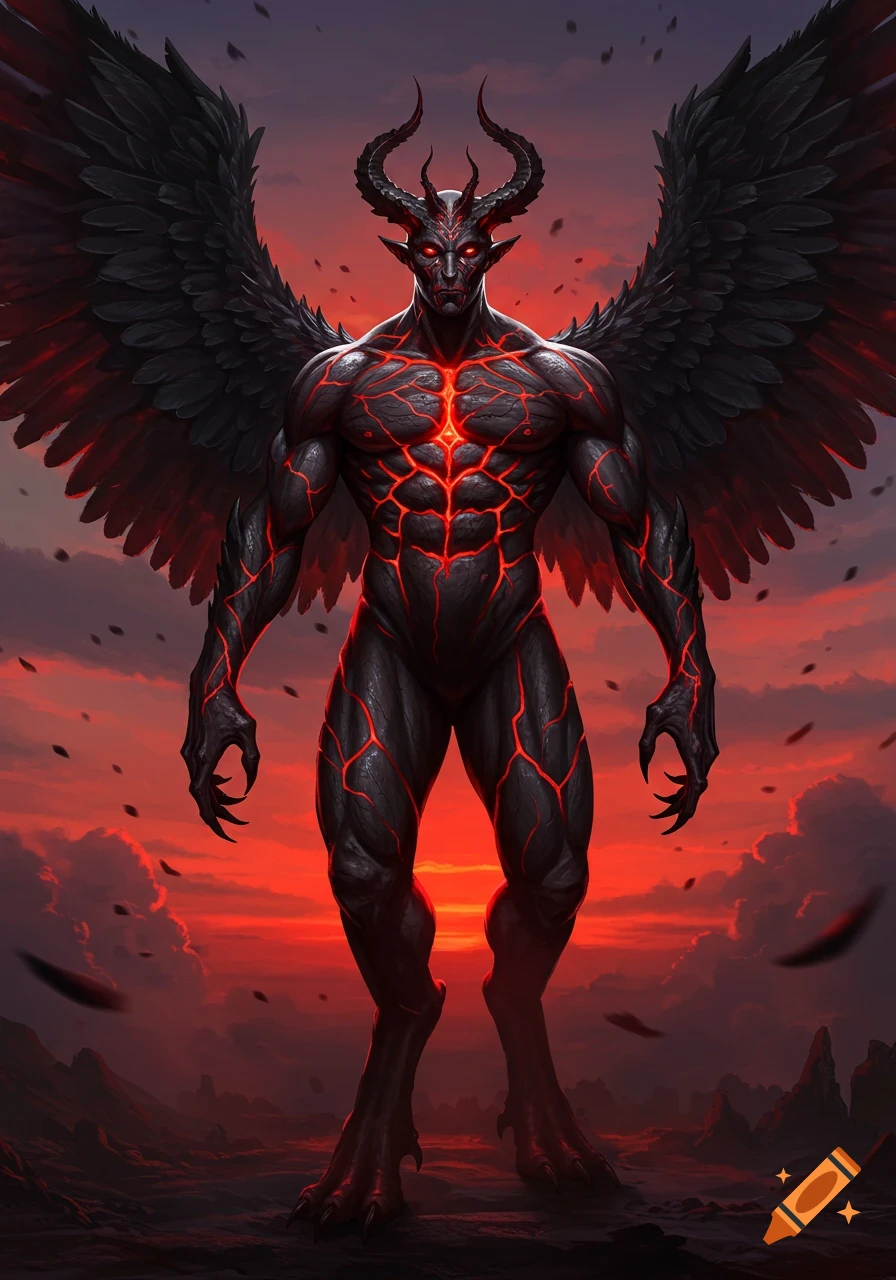A muscular demon with black skin, glowing red cracks, large black wings, and horns stands against a fiery red sky.