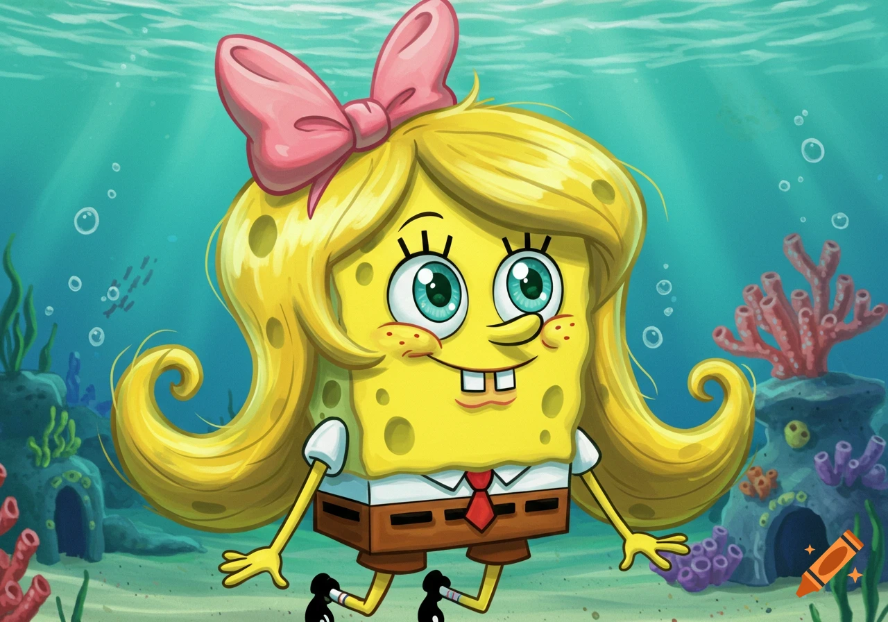 Cartoon image of SpongeBob as a girl with long yellow hair, a pink bow, and green eyes, smiling underwater.