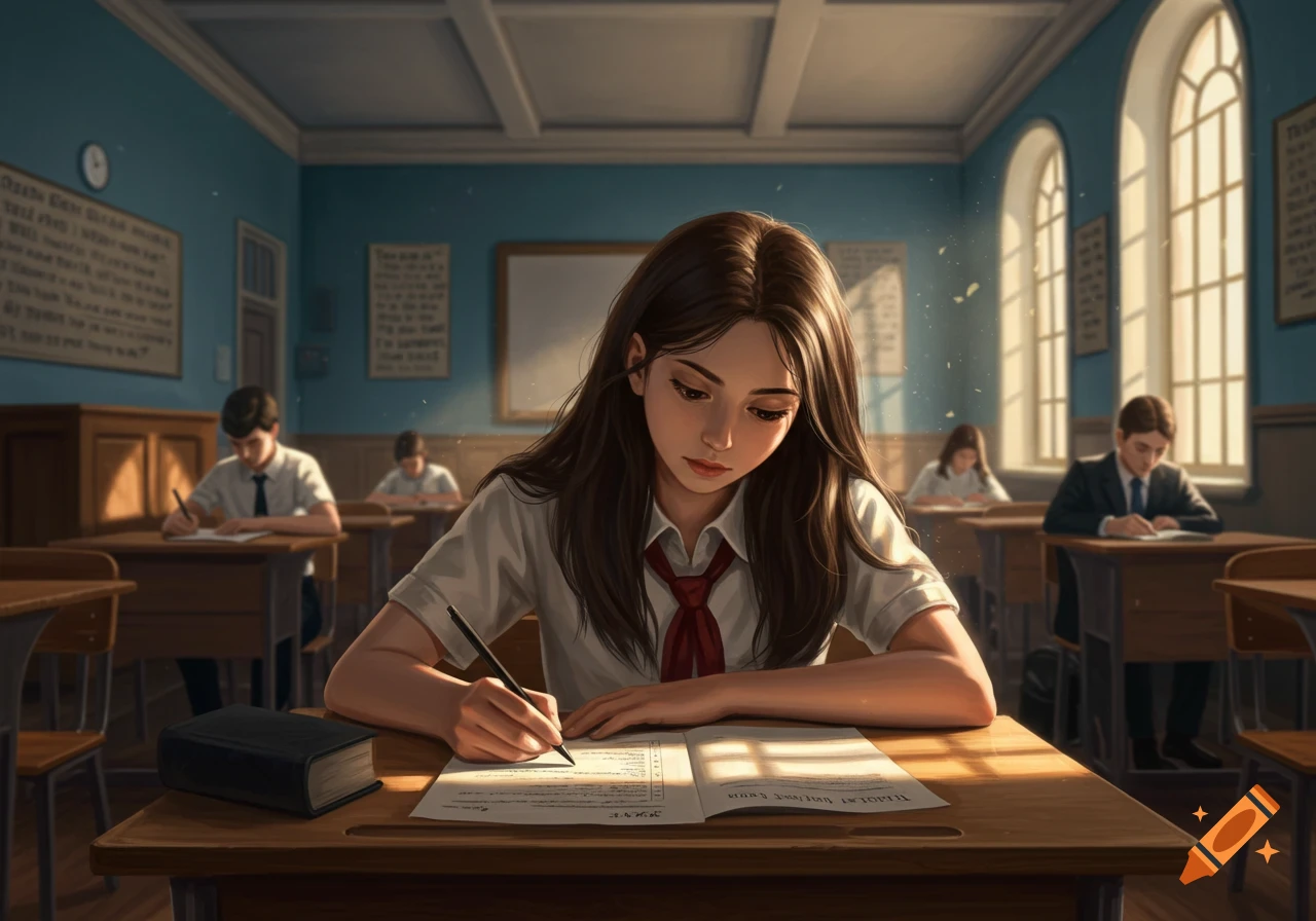 A young girl with long brown hair writes an exam at a wooden desk in a sunlit classroom, with other students in the background, digital art.