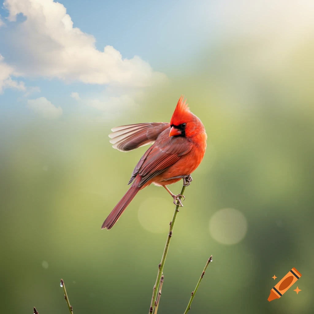 A photorealistic red cardinal bird with its wing slightly raised, perched on a thin branch against a soft green background with blue sky and clouds.