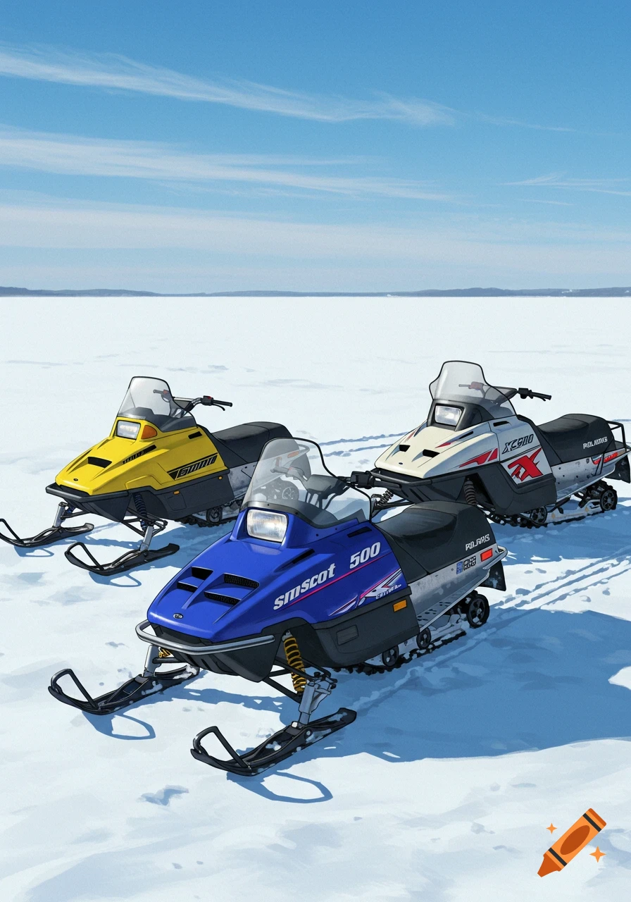 Three colorful snowmobiles, blue, yellow, and white, sit on a vast, snowy plain under a clear blue sky.