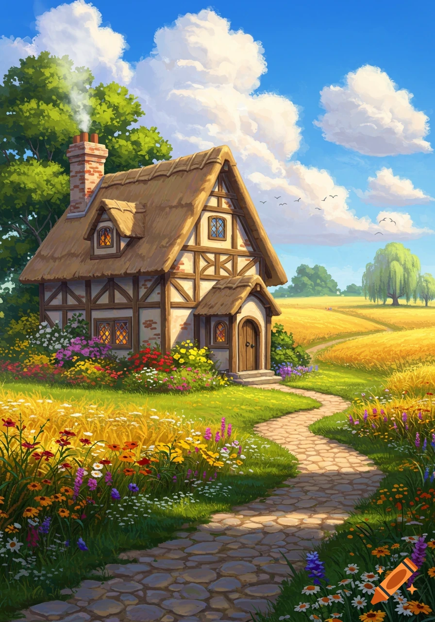 A charming thatched-roof cottage with colorful flowers and a stone path in a sunny countryside landscape, illustrated.