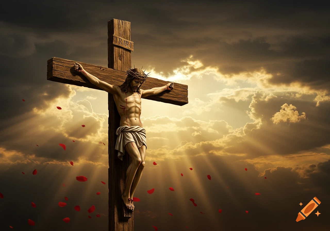 Jesus Christ is crucified on a wooden cross against a dramatic, cloudy sky with sunbeams. Red petals fall around him. Stylized depiction.