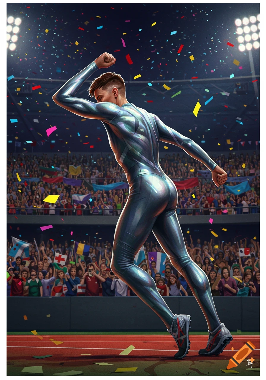 A stylized illustration of a male athlete in a shimmering suit flexing on a running track with confetti and a cheering crowd.
