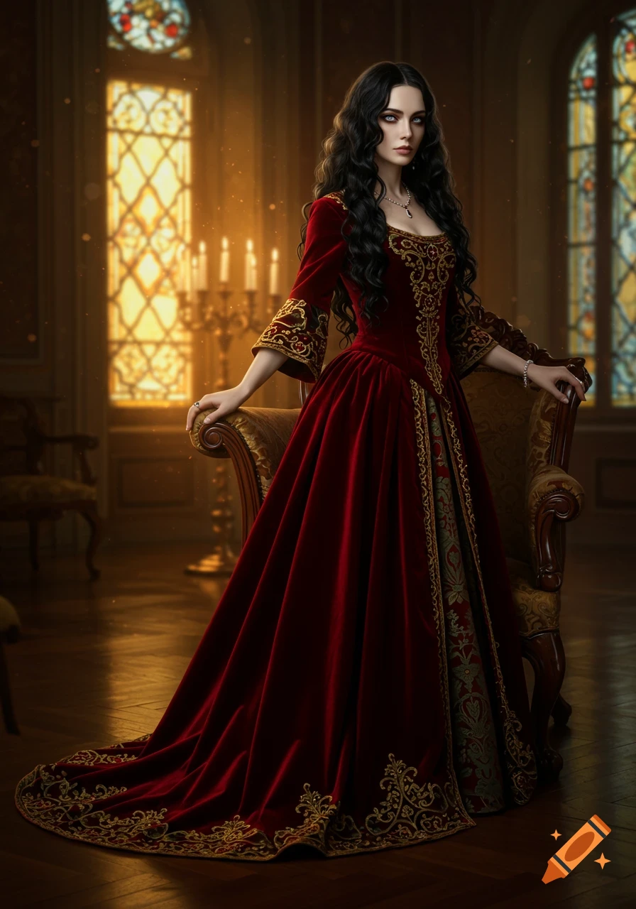A woman with long black hair and pale skin in a dark red royal gown stands in a grand Victorian room.