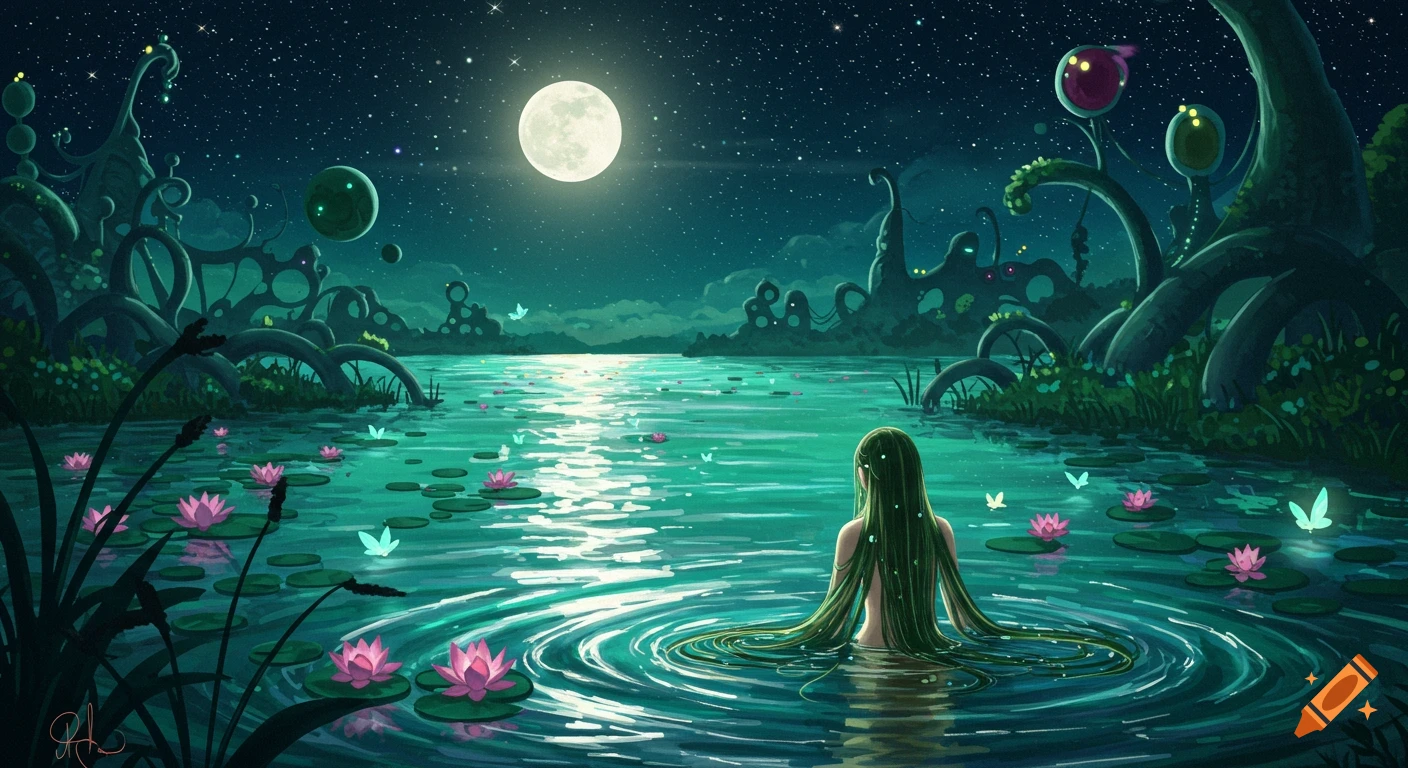A person with long green hair sits in a surreal moonlit lake filled with glowing lily pads and strange alien plants under a starry night sky.