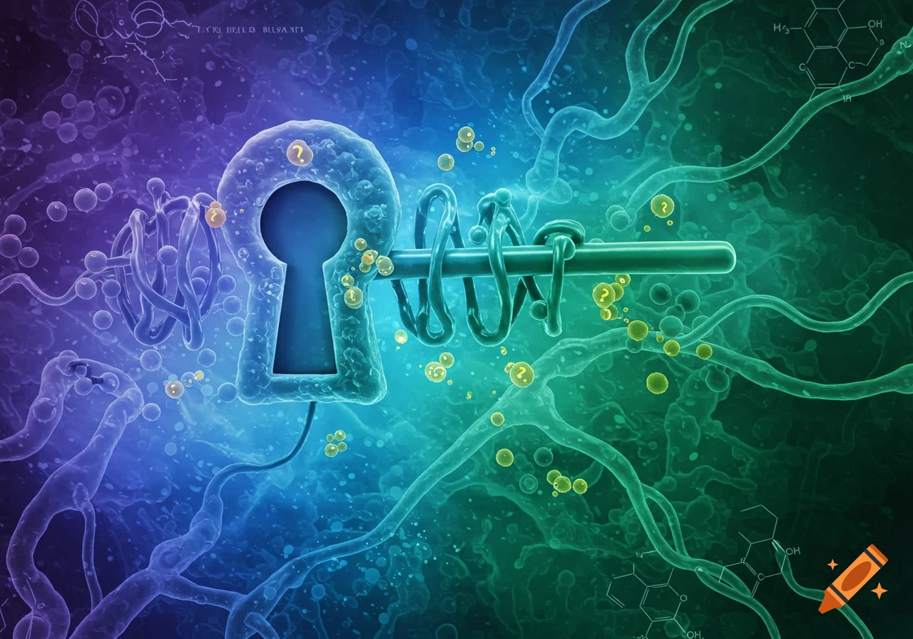 Abstract image of a keyhole and key made of cellular structures, surrounded by glowing particles and organic tendrils in purple and green.