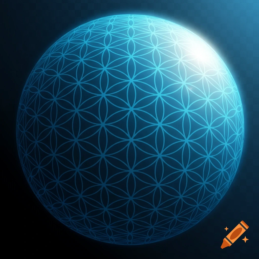 A glowing blue sphere with a 'Flower of Life' geometric pattern, highlighted by a bright light on the top right.