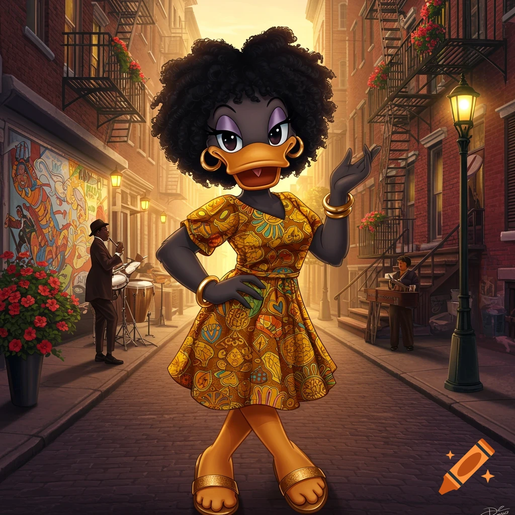 A confident, dark-feathered duck in a gold dress and sandals on a cobblestone street, with street musicians and a colorful mural in the background.
