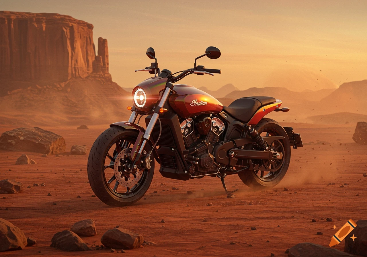Photorealistic red-orange Indian motorcycle with a glowing headlight in a vast, rocky desert at sunset.