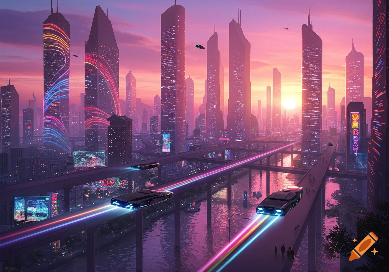 A vibrant futuristic cityscape at sunset, with tall buildings illuminated by neon lights and flying cars traversing elevated highways over a river.