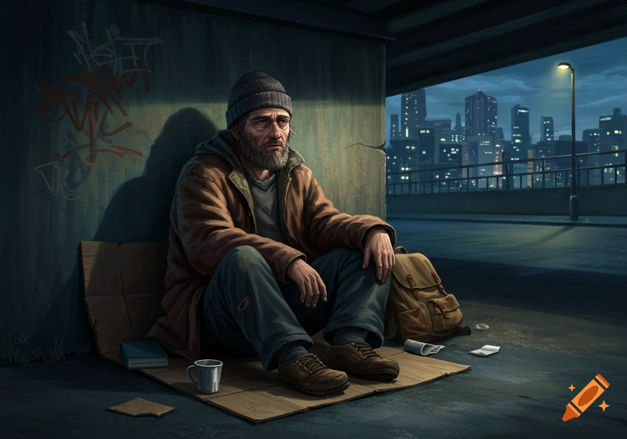 A bearded homeless man in a beanie and warm clothes sits on cardboard under an overpass, with a city skyline in the dark background.