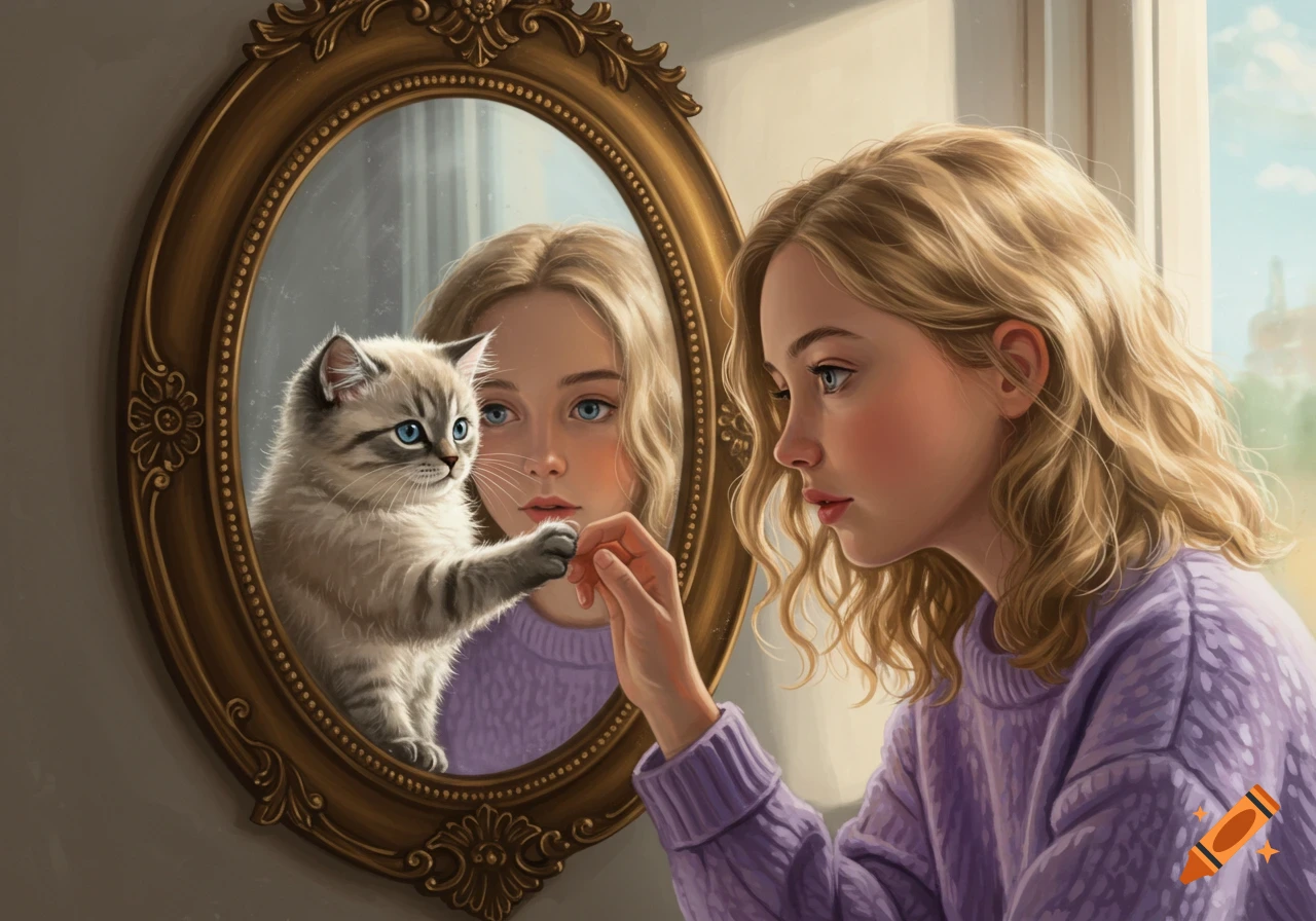 A blonde teen girl in a purple sweater touches an ornate mirror, where a kitten with blue eyes reflects back and touches her hand.