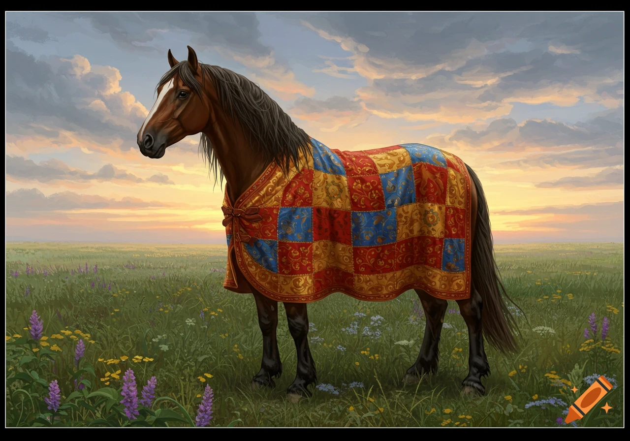 A majestic brown horse wearing a colorful, patterned blanket stands in a wildflower field at sunset under a cloudy sky.