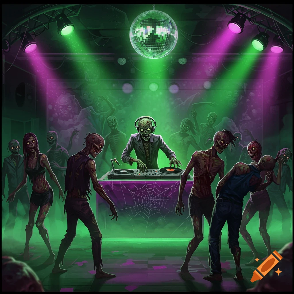 A cartoon zombie DJ spins records under a disco ball and green and purple lights, surrounded by dancing zombies in a club.