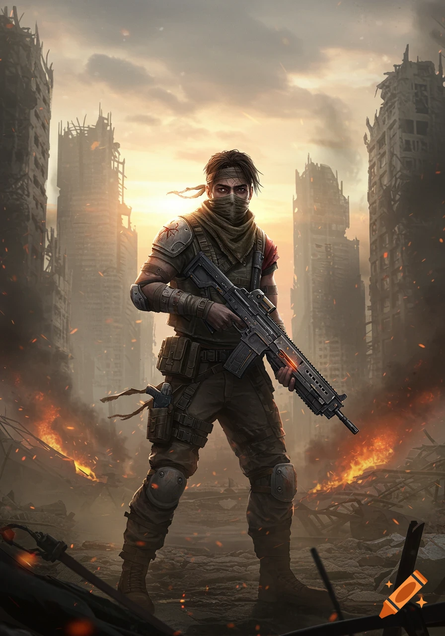 A lone warrior with a rifle stands in a burning, ruined city at sunset, digital art.