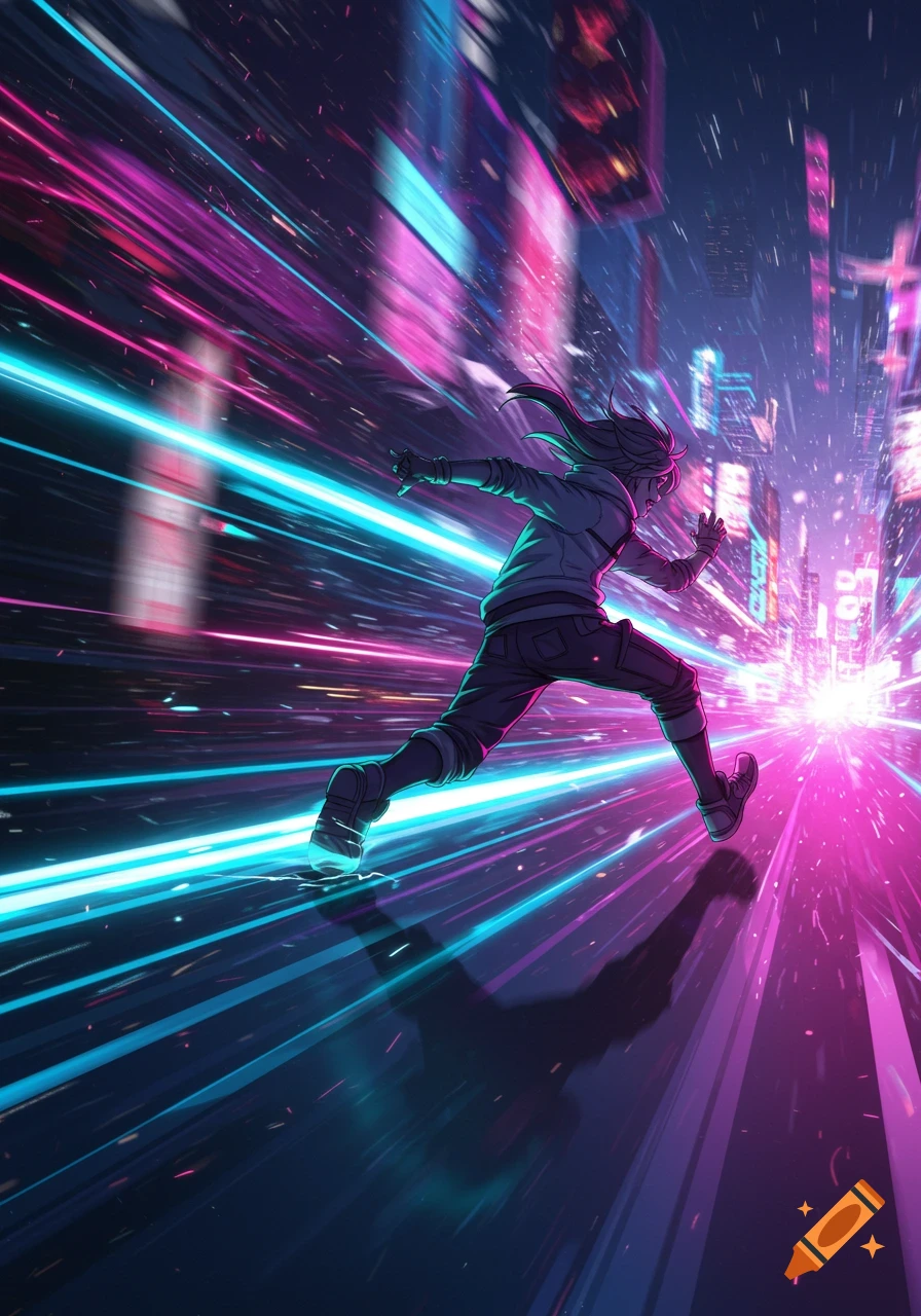 Anime character running through a neon-lit cyberpunk city with glowing speed lines.