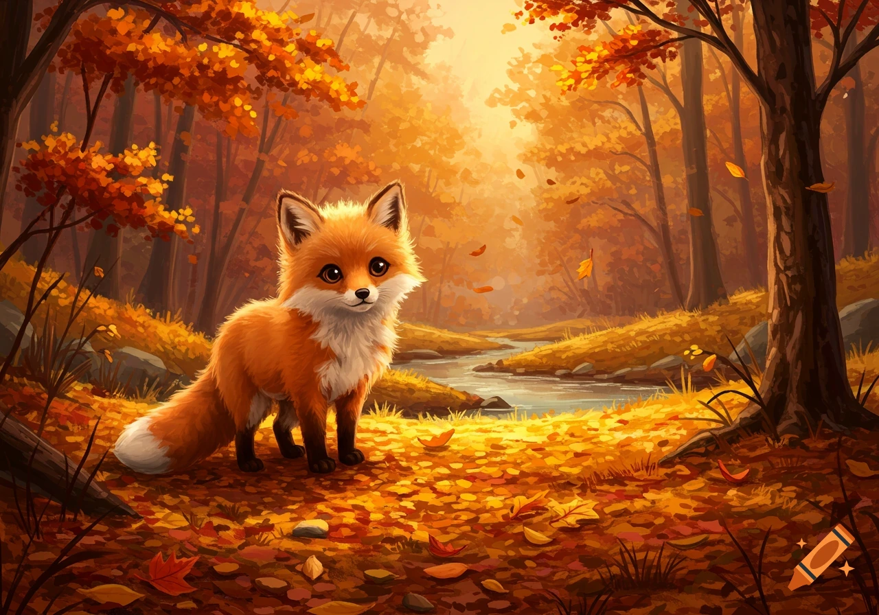 A cute fox stands in a vibrant autumn forest with a stream, surrounded by golden leaves.