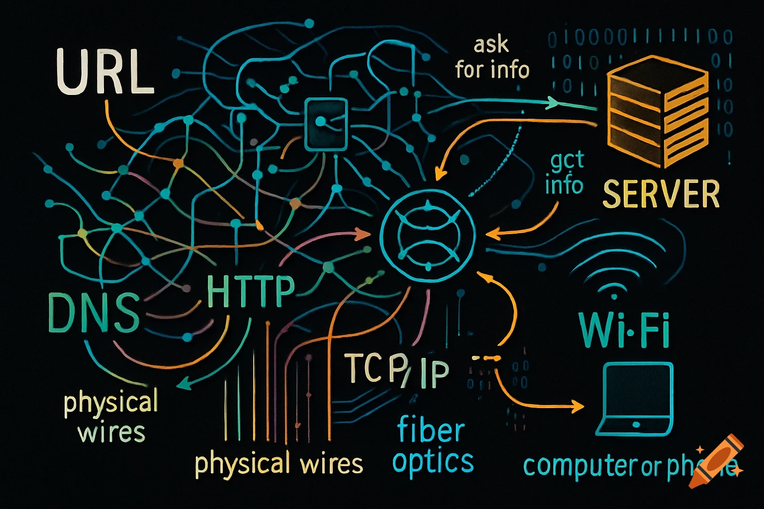 A colorful diagram illustrating how the internet works, showing components like URL, DNS, HTTP, server, Wi-Fi, physical wires, and data flow.