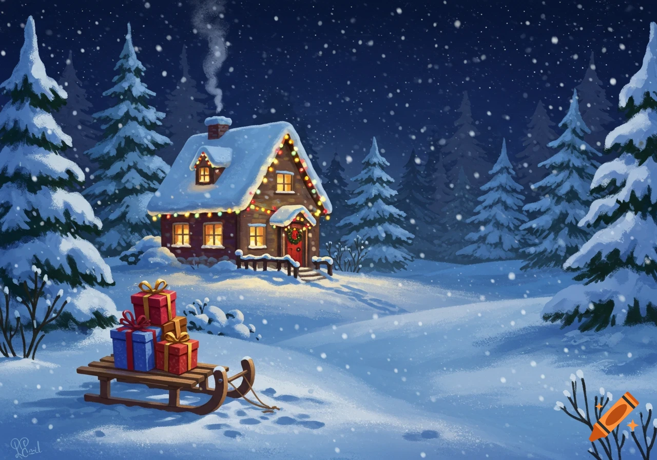 A snowy Christmas night scene with a decorated cottage, pine trees, and presents on a sleigh. Illustration style.