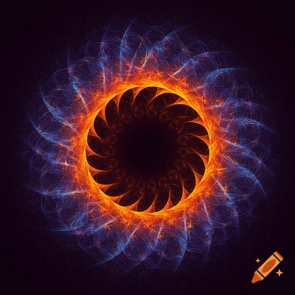 A vibrant orange and blue glowing fractal forms a detailed circular pattern against a dark background.
