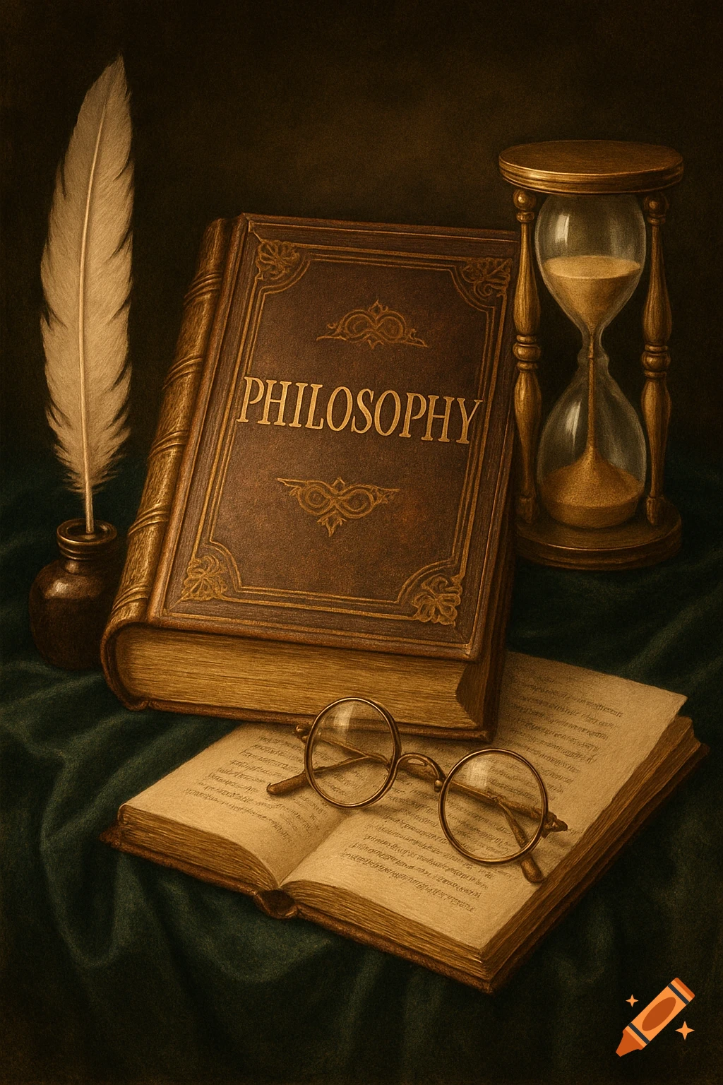A detailed still life of a philosophy book, open pages with spectacles, an inkwell with a quill, and an hourglass on green cloth.