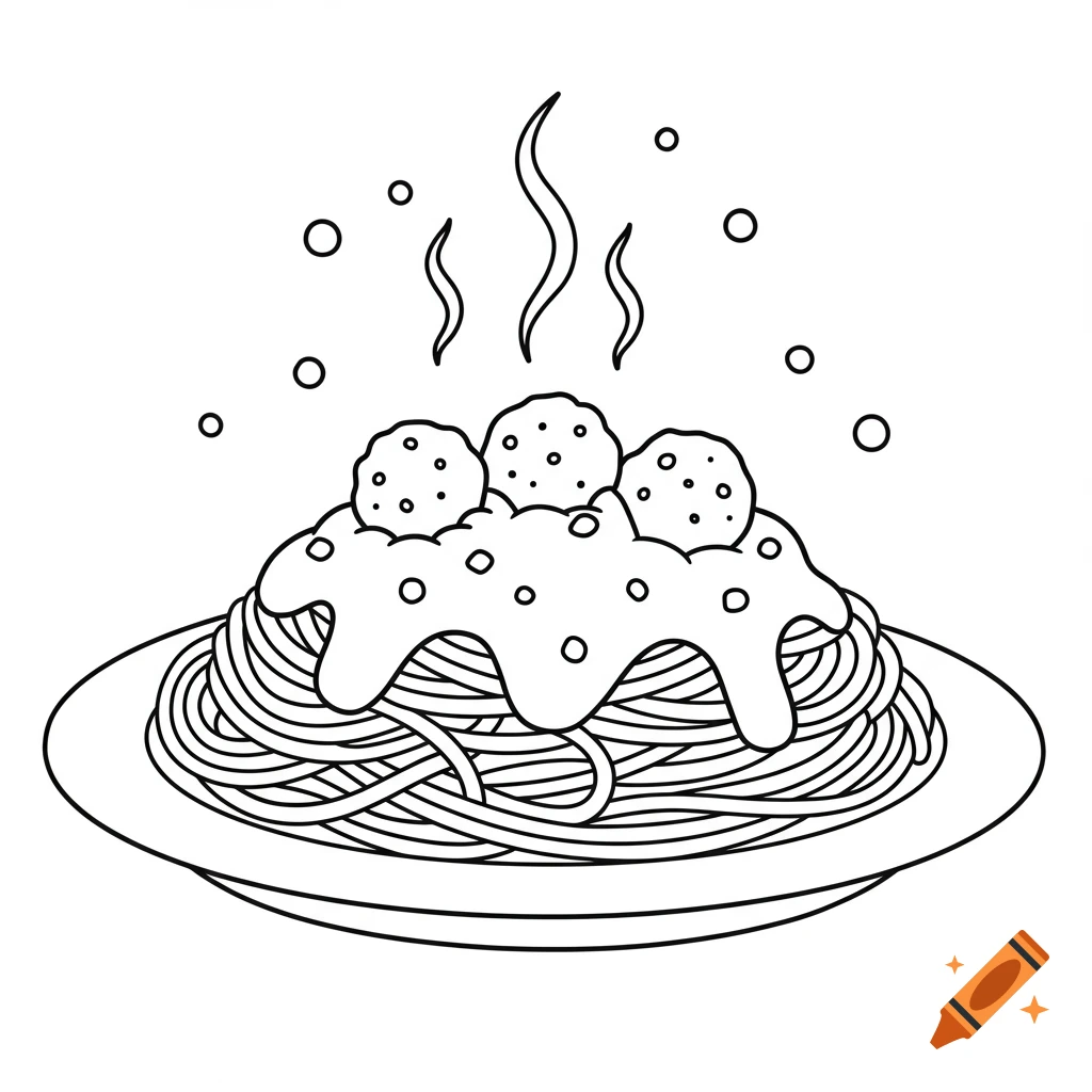 A black and white line art drawing of a plate of steaming spaghetti with sauce and three meatballs, suitable for coloring.
