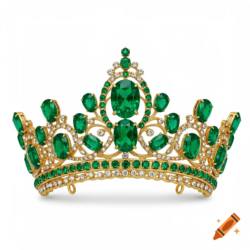 A luxurious gold crown intricately adorned with large oval emeralds and small diamonds, set against a pure white background.