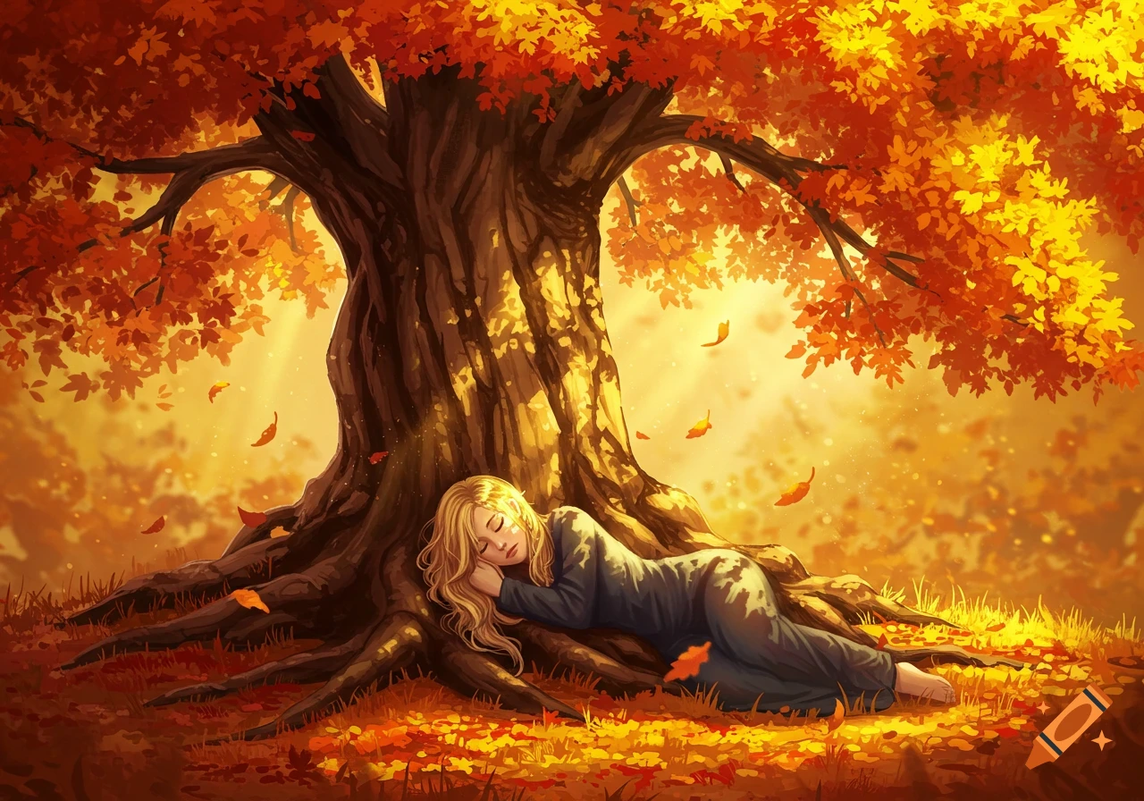 An illustration of a blonde woman sleeping peacefully under a large autumn tree with red and yellow leaves, bathed in warm light.