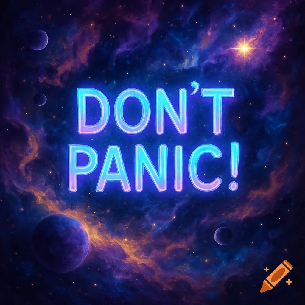 Glowing neon text 'Don't Panic!' against a vibrant cosmic nebula and planets in deep space.
