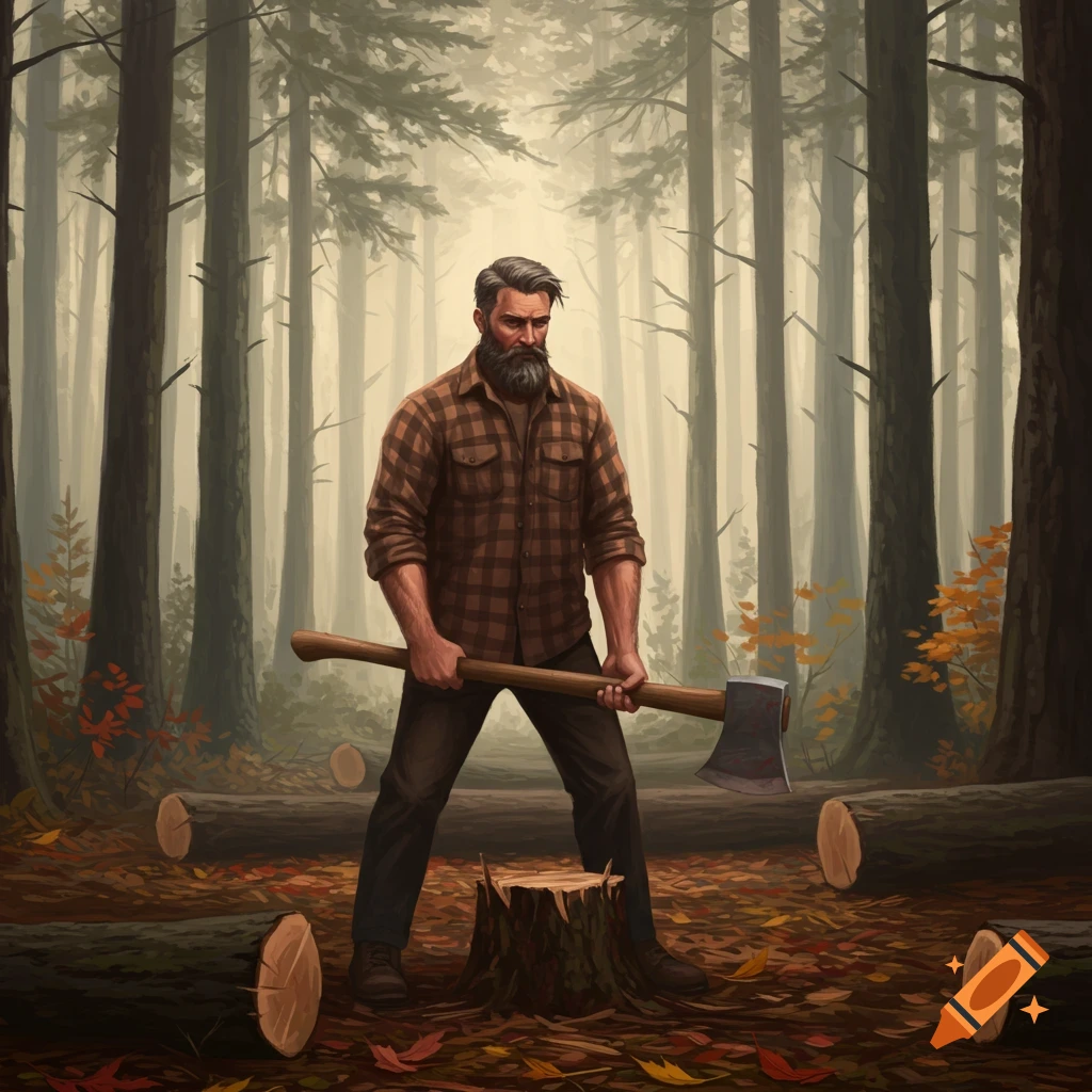A bearded lumberjack in a plaid shirt stands in a misty forest, holding a large axe with cut logs nearby, in a stylized art style.