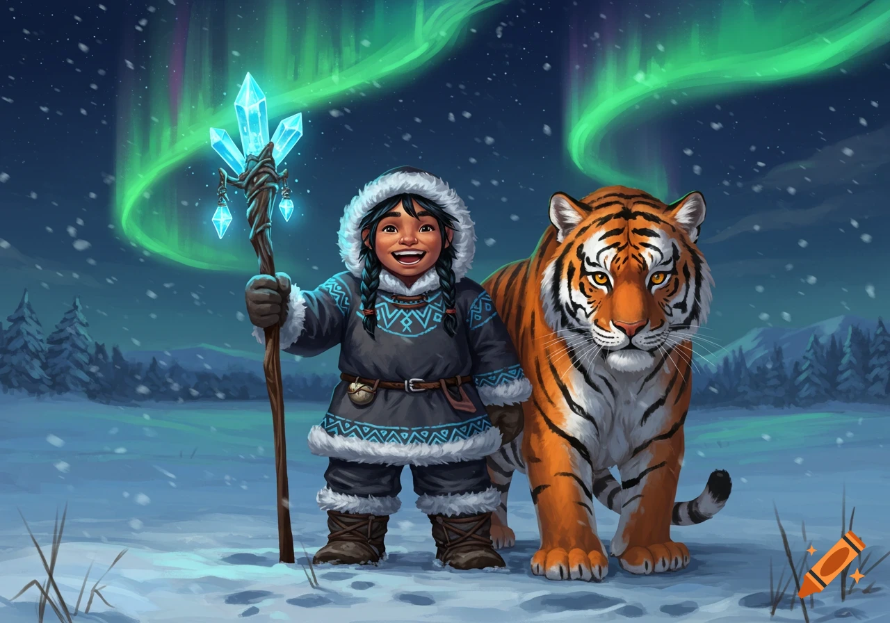 Smiling child in Inuit clothing holds a magic crystal staff next to a tiger in a snowy landscape under the Northern Lights. Fantasy illustration.