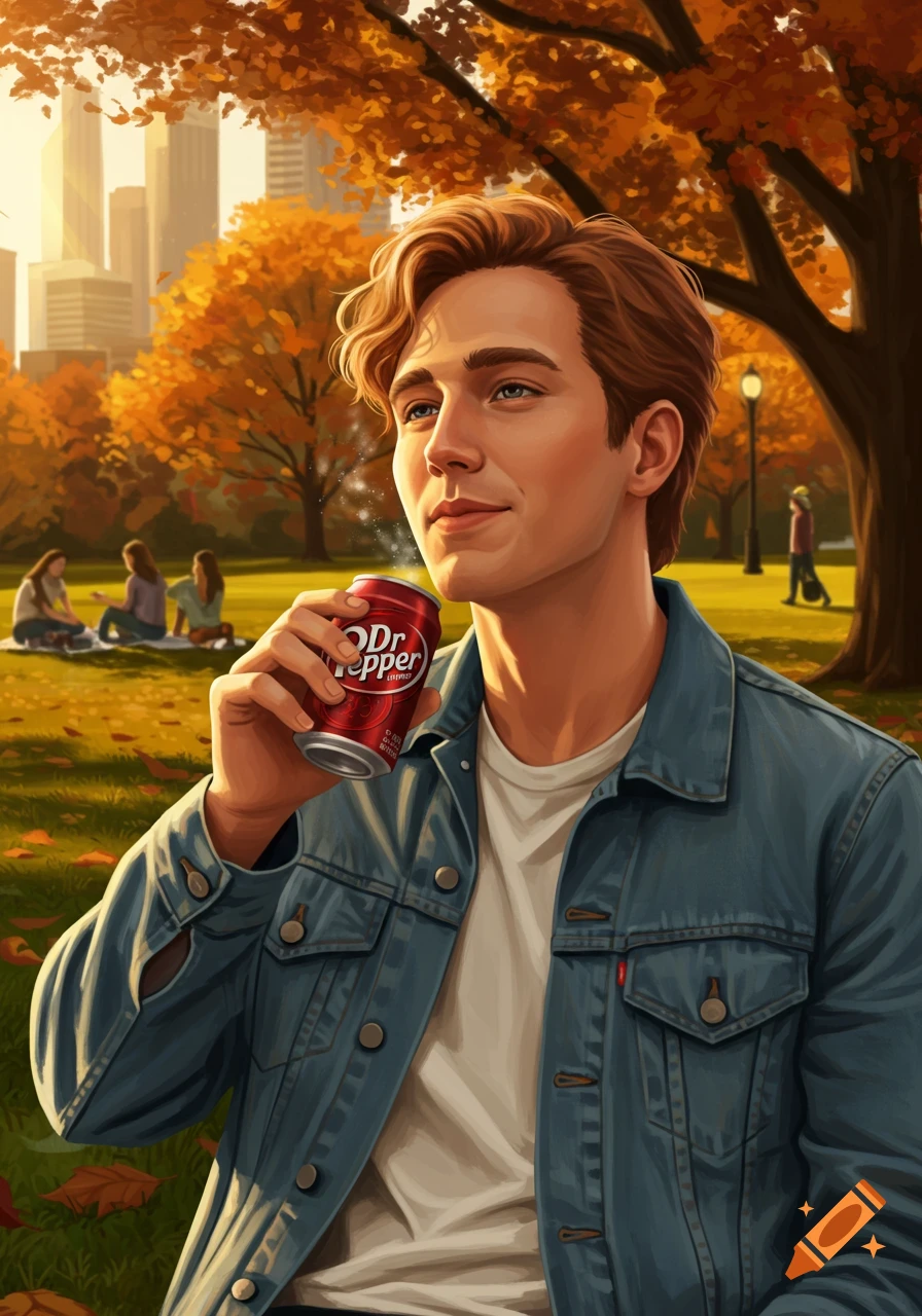 A young man with wavy brown hair drinks a Dr Pepper in an autumn park with golden trees and city buildings in the background.
