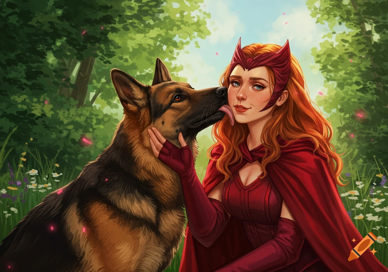 Scarlet Witch in a red outfit, smiling as a German Shepherd licks her cheek in a lush green forest, illustration.