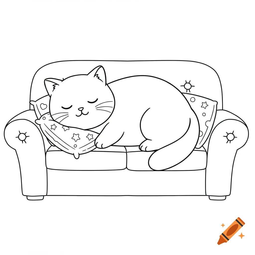 Line drawing of a cute, cozy kawaii cat sleeping on a pillow on a couch, suitable for a coloring book.