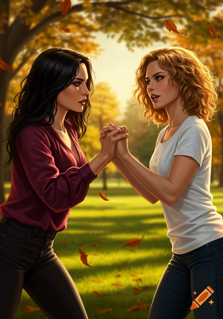 Two women with dark and curly hair hold hands in an autumn park with falling leaves, in an illustrative style.