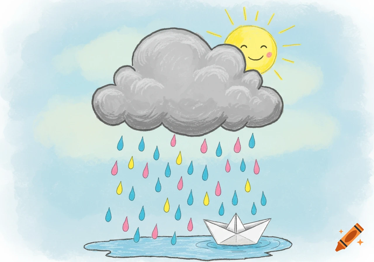 Childlike crayon illustration of a gray cloud raining colorful raindrops onto a paper boat in a puddle, with a smiling sun in the sky.