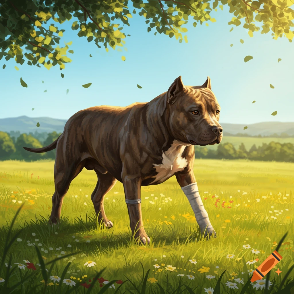 A brindle pit bull with a bandaged front leg and a brace on the other walks through a sunlit grassy field with wildflowers. Illustrated style.