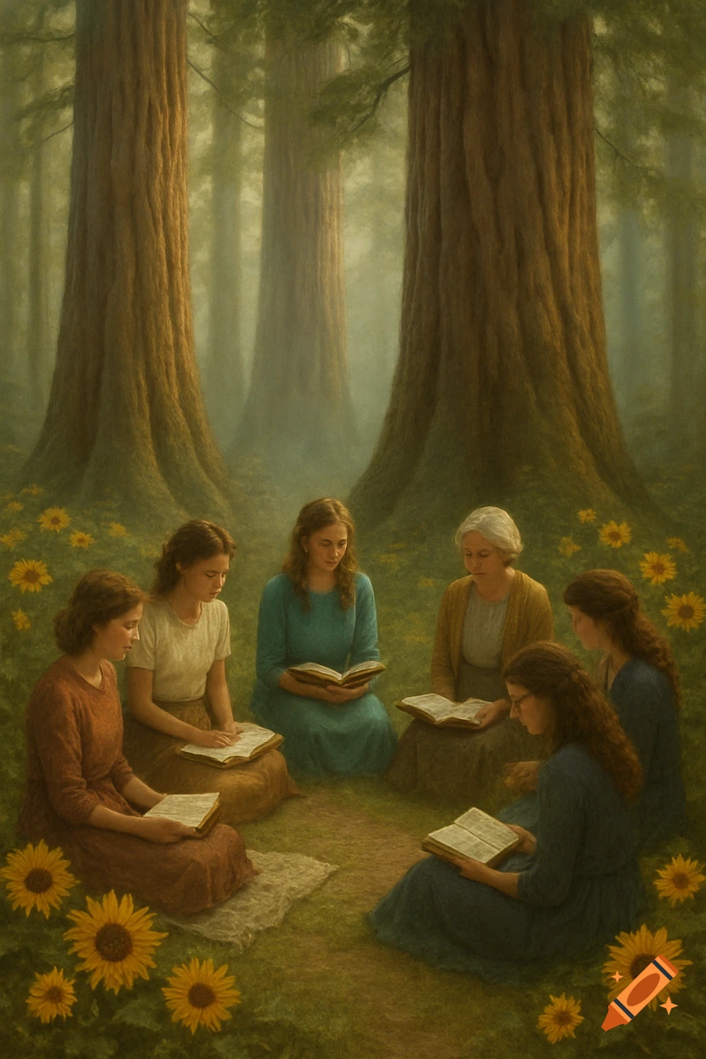 Six women sit in a circle reading books in a serene redwood forest clearing with sunflowers, in a painterly style.