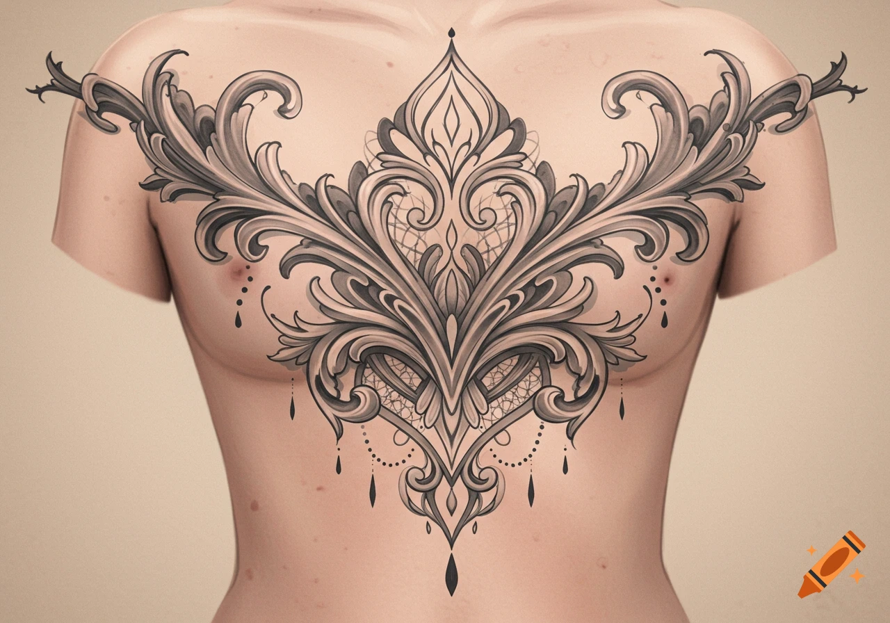 A detailed black and grey ornamental tattoo covering the chest and shoulders of a person.