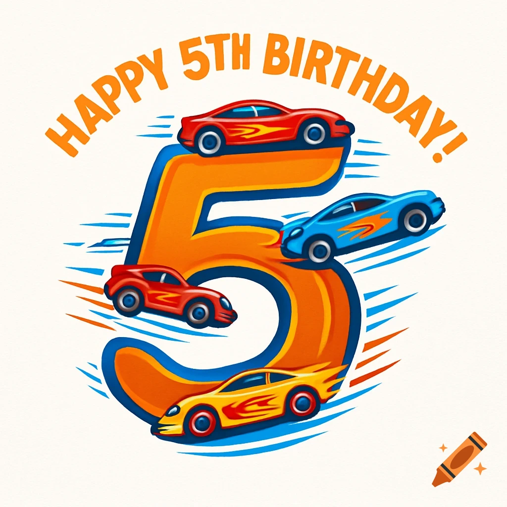 A colorful cartoon-style logo with "HAPPY 5TH BIRTHDAY!" text and three racing cars around a large orange number 5.