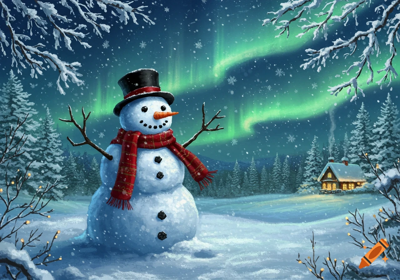An illustration of a snowman with a top hat and red scarf in a snowy forest at night, under a green aurora sky, with a lit cabin in the distance.