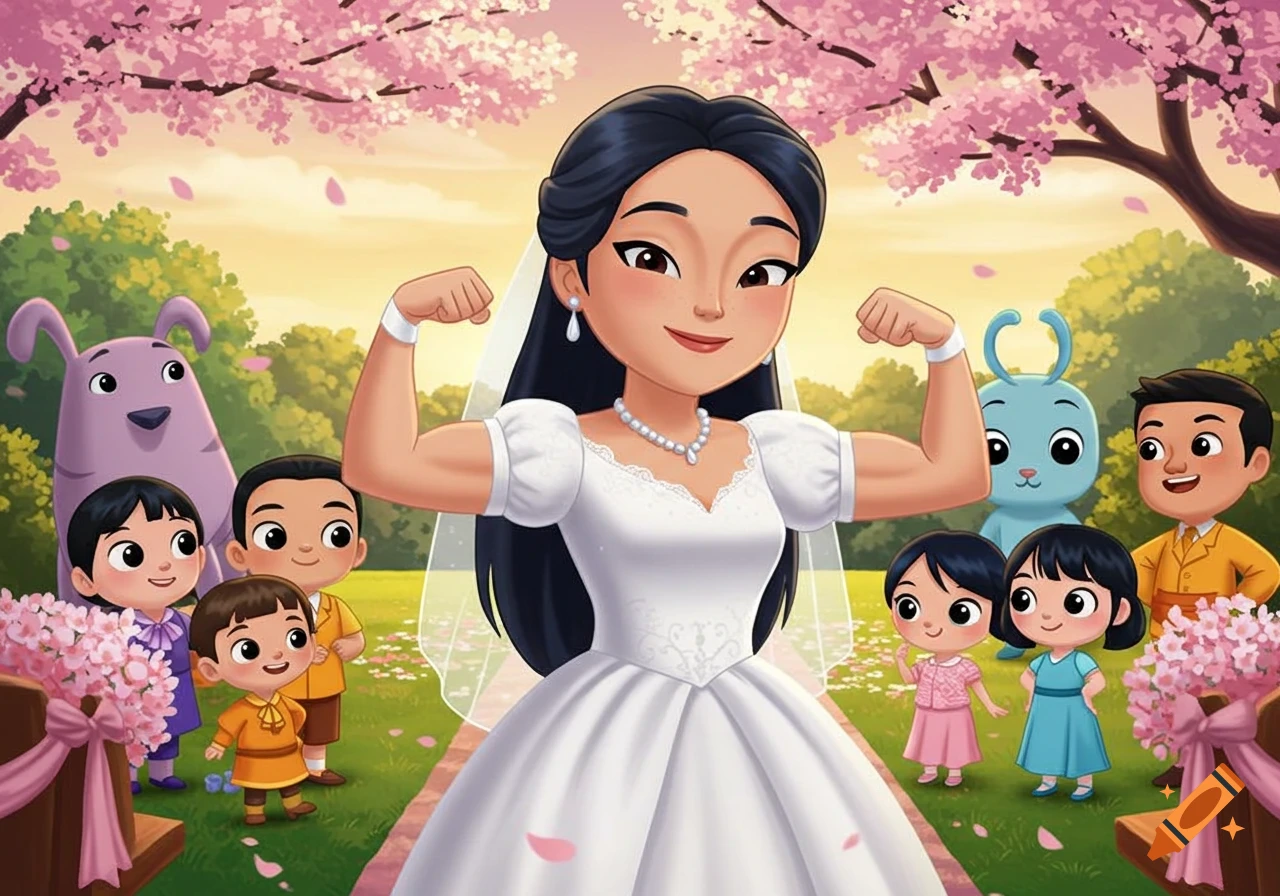 A cartoon woman in a white wedding gown flexes her biceps in a cherry blossom garden, surrounded by cartoon children and characters.