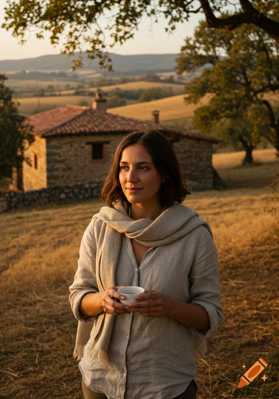 A photorealistic portrait of a woman holding a cup, looking into a golden rural landscape with a stone house in the background at sunset.