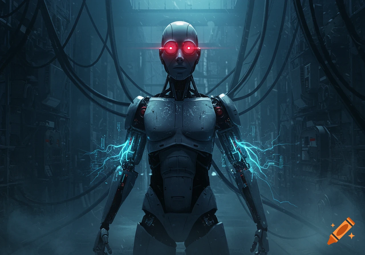 A humanoid robot with glowing red eyes and blue electrical energy on its arms stands in a dark, wired industrial setting. Photorealistic style.