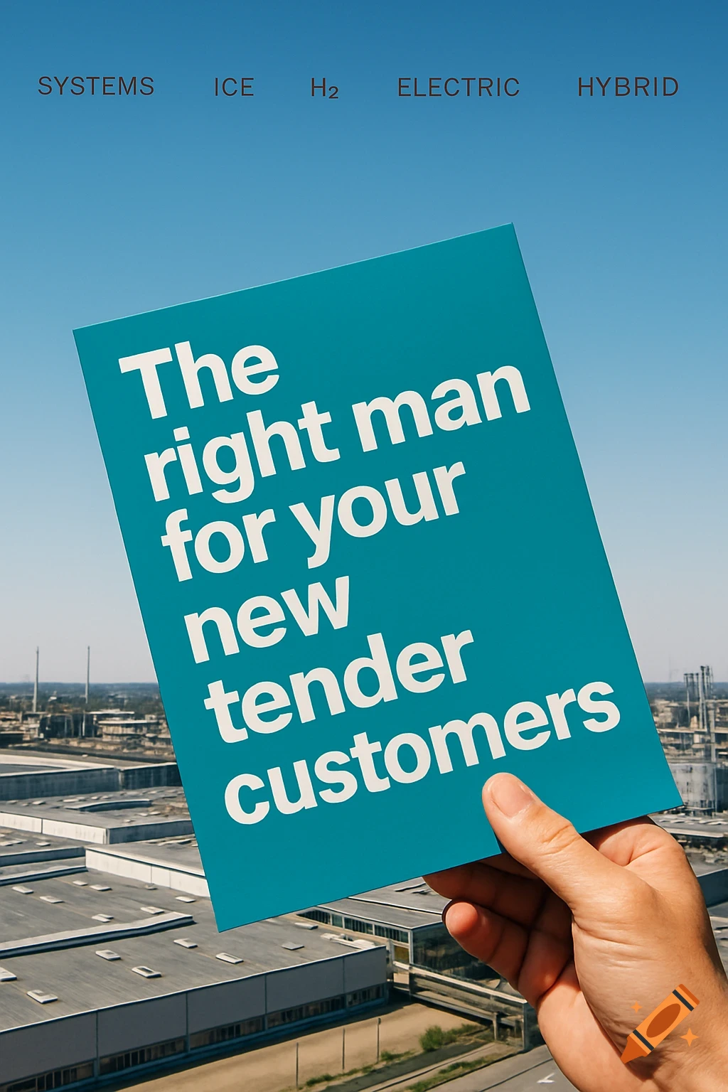 Hand holds turquoise poster with 'The right man for your new tender customers' over an industrial zone. 'SYSTEMS ICE H2 ELECTRIC HYBRID' at top.