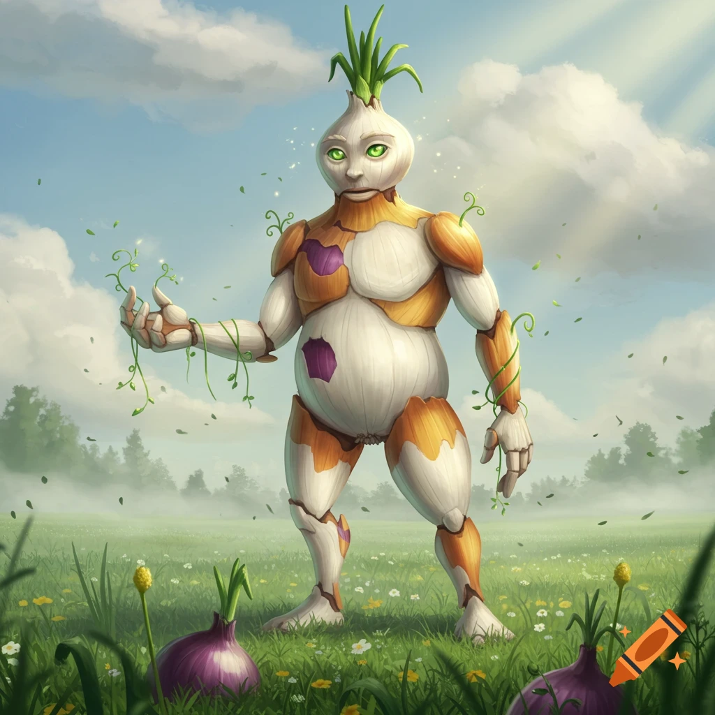 A whimsical onion man with green sprouts for hair stands in a grassy field, holding green vines, with two purple onions in the foreground.
