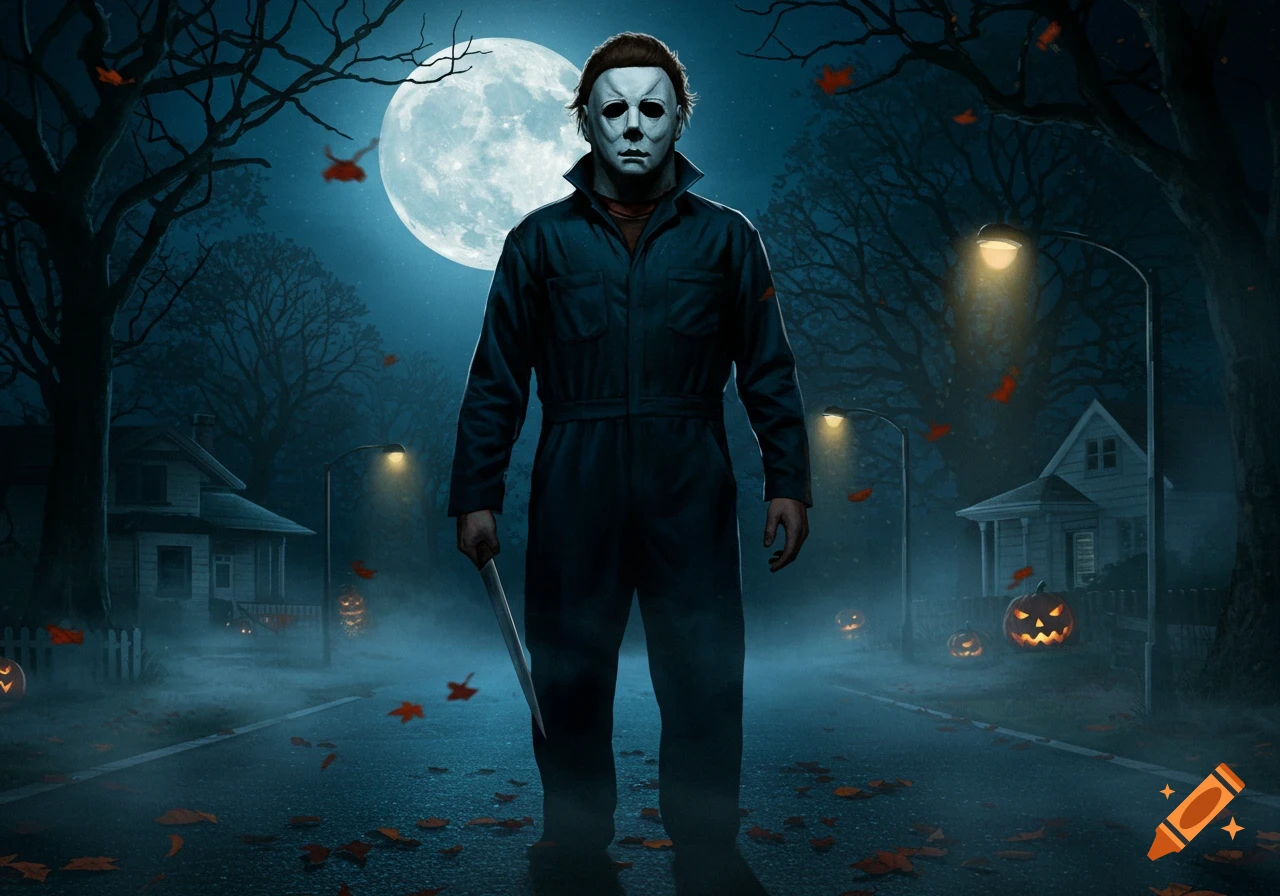 Michael Myers in a dark jumpsuit and white mask stands with a knife on a misty street with pumpkins and a full moon.